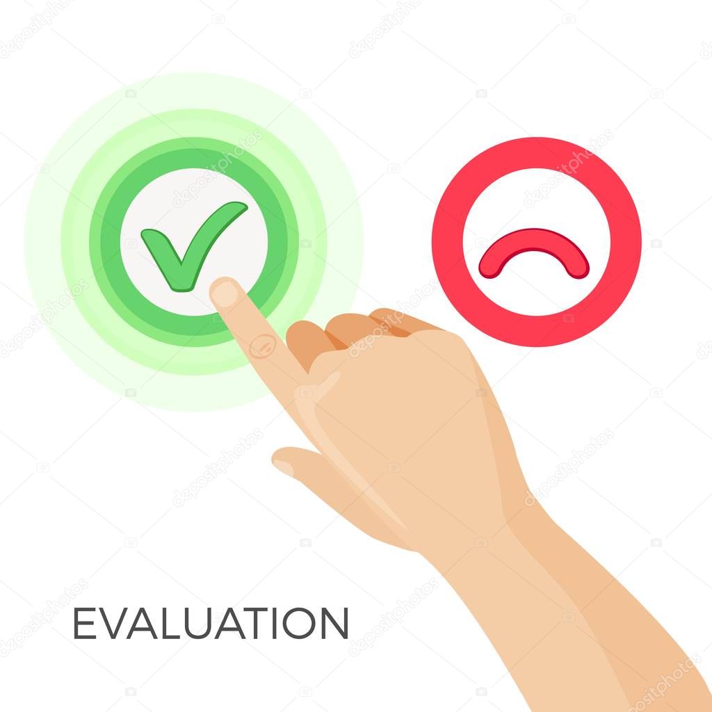 Evaluation with help of green check sign and red sad smile. Human hand press button of approval. Modern way to estimate isolated cartoon vector illustration.