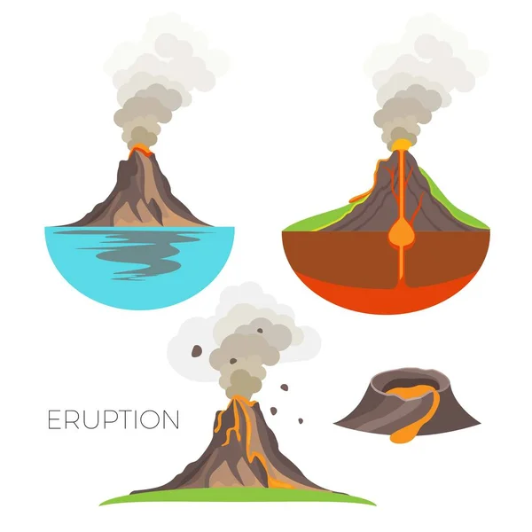 Éruption du volcan avec lave chaude et fumée sombre — Image vectorielle