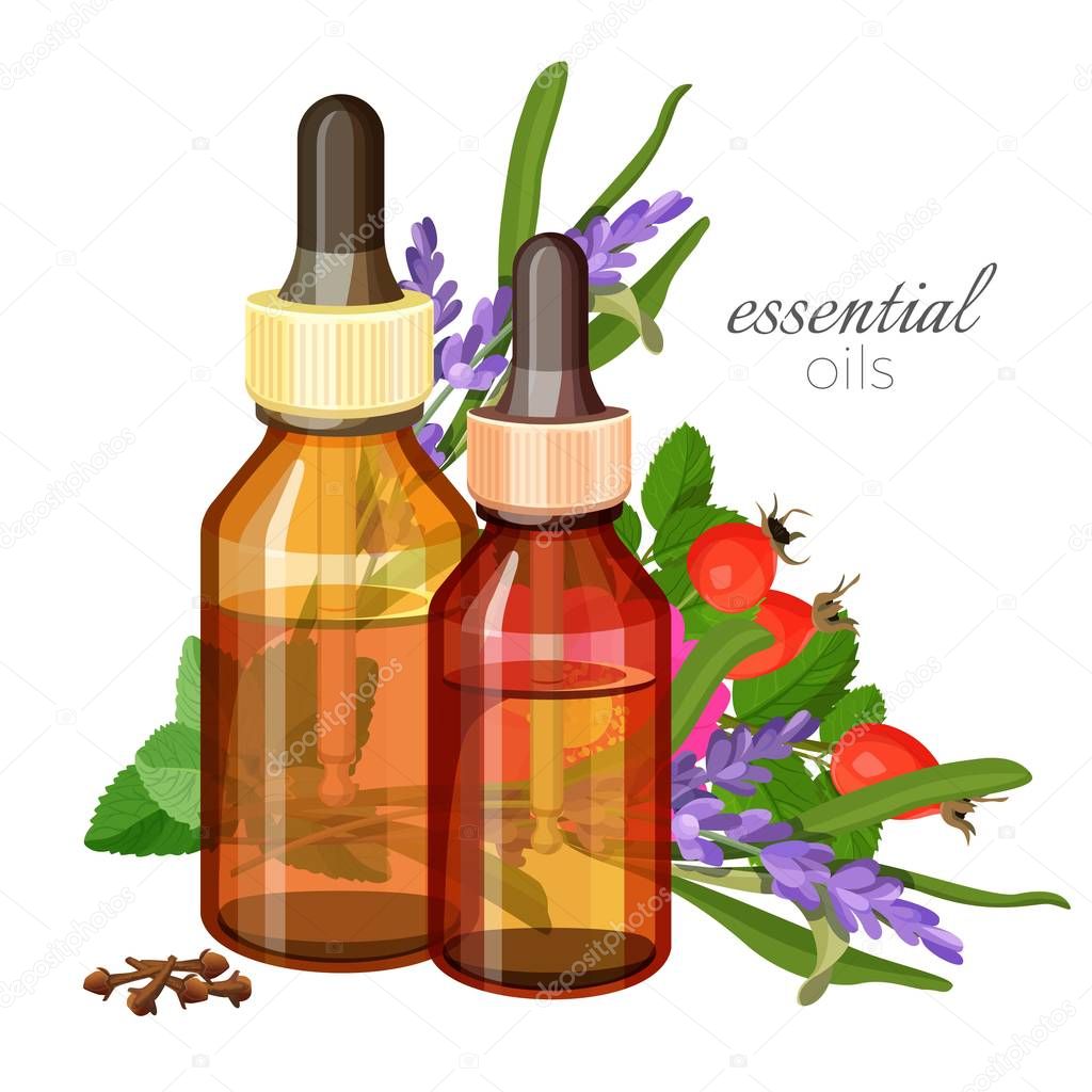 Essential oils made of natural wild herbs in glass bottles
