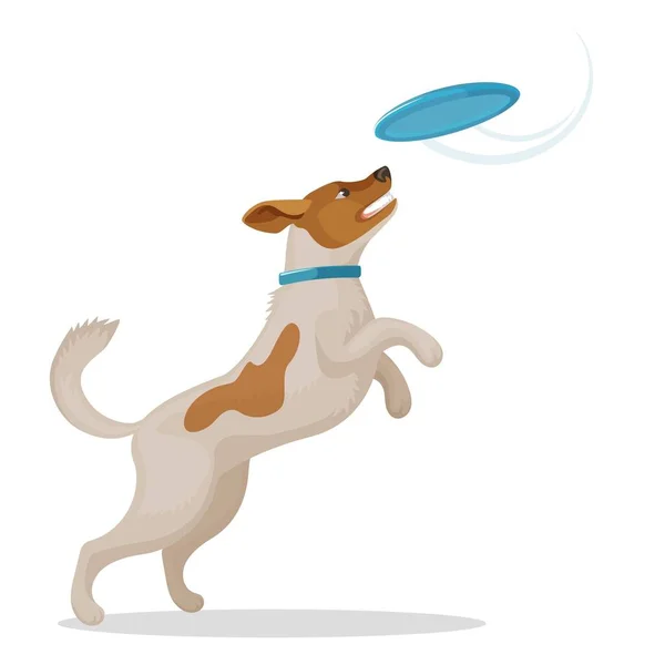 Springen hond vangt een blauwe frisbee schijf — Stockvector