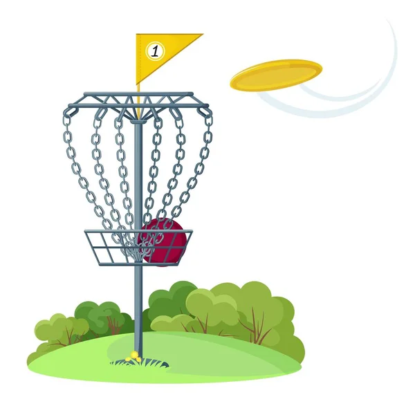Disc-Golfkorb mit gelber fliegender Frisbee-Scheibe — Stockvektor