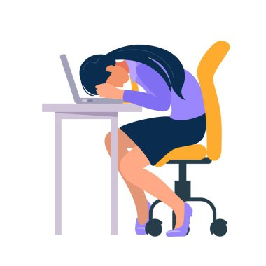 Ofisteki yorgun bayan iş kadınının masada uyuduğu stresli ve hayal kırıklığına uğramış bir konsept. Çizgi film vektörü