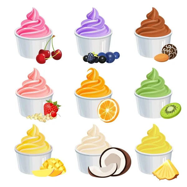 Ícones de copos de iogurte congelados conjunto com frutas e baunilha. Vetor —  Vetores de Stock