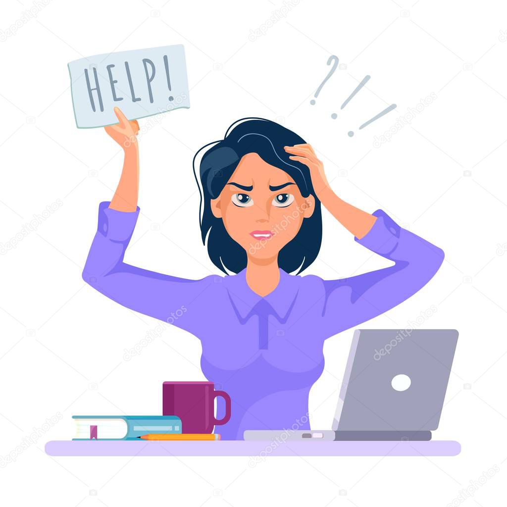 Stressed and frustrated business woman asking for help at work. Cartoon vector