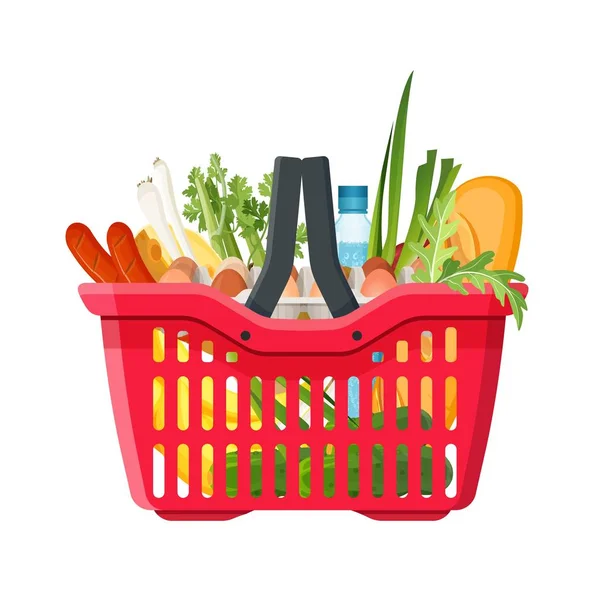 Teljes bevásárlókosár piaci élelmiszerekkel és termékekkel. Organikus gyümölcsök, zöldségek és szupermarketek. Vektor — Stock Vector