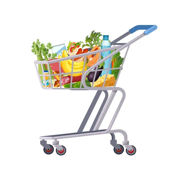 Teljes bevásárlókosár piaci élelmiszerekkel, élelmiszerekkel és termékekkel. Organikus gyümölcsök, zöldségek és szupermarketek. Kiskereskedelmi és szupermarket kocsi. Vektor — Stock Vector