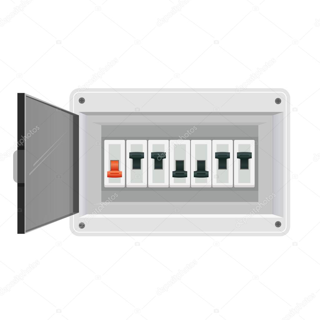 Fuse board box. Electrical power switch panel. Electricity equipment. Vector
