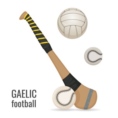 Gaelic football club and balls icon set. Irish football sport equipment. Vector clipart