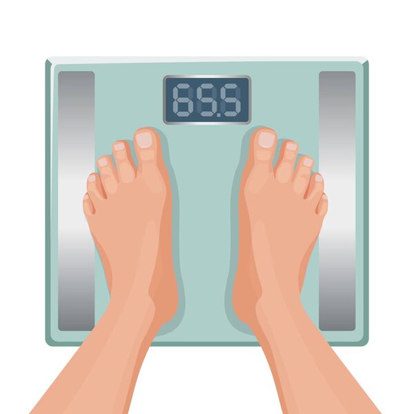 Gain weight concept. Fat female foot on scale. Vector