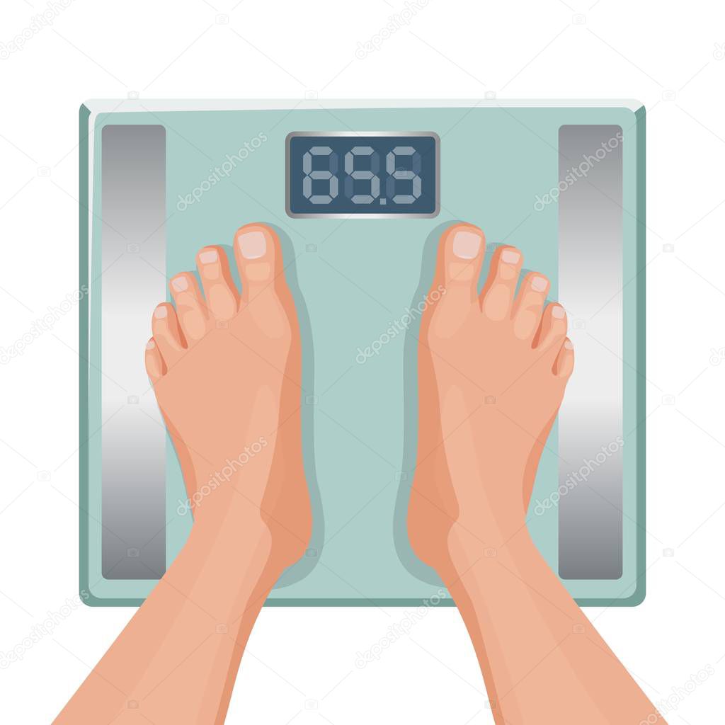 Gain weight concept. Fat female foot on scale. Vector