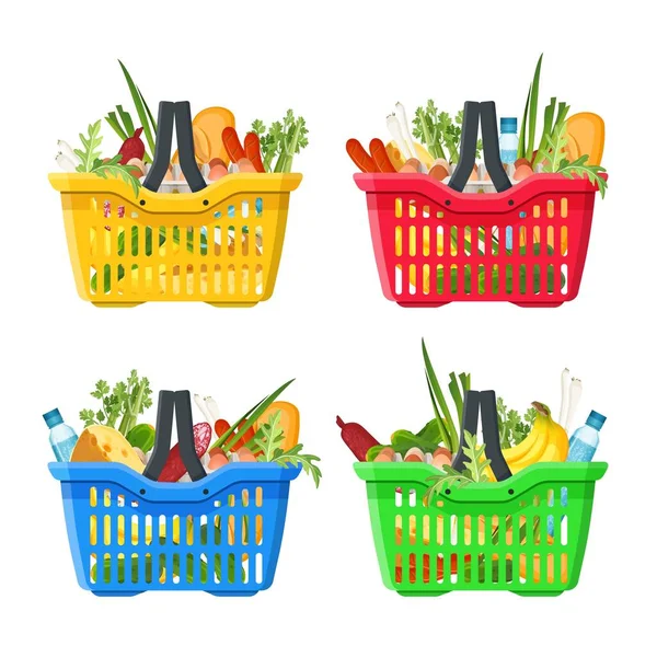 Full kundvagn av marknaden mat och produkter ikoner set. Ekologisk frukt, grönsaker och snabbköpsprodukter. Vektor — Stock vektor