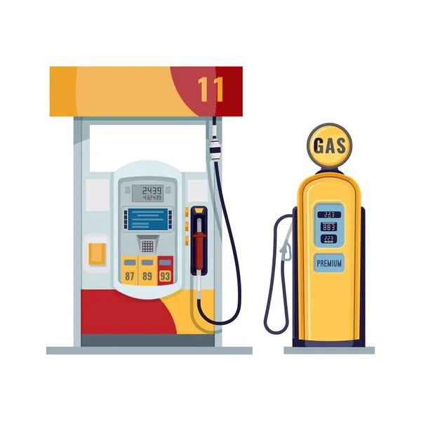 Benzinestation of tankstation. Benzine, olie, brandstof, dieselpomp. Retro en modern design. Vector — Stockvector