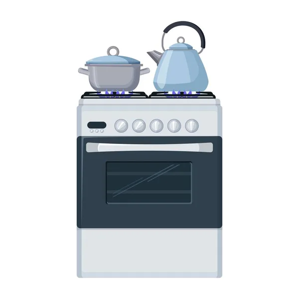 Gas stove with pan and kittle. Home kitchen food cooking vector illustration. — Stock Vector