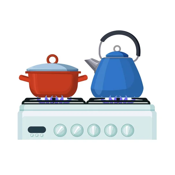 Gas stove with pan and kittle. Home kitchen food cooking vector illustration. — Stock Vector