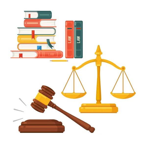 Gavel, balances, jeu d'icônes de livres de droit. Juge avocat et concept de justice, vecteur — Image vectorielle