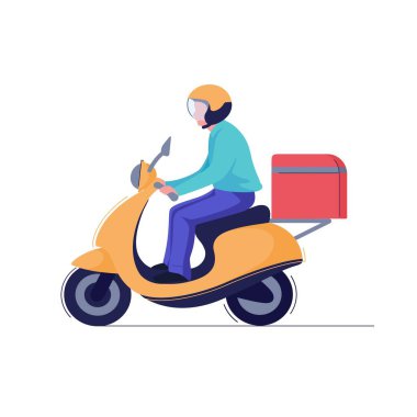 Teslimatçı ya da kurye scooter 'la fast food servisine gidiyor. Vektör