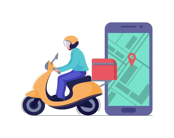 Consegna uomo o corriere in sella scooter al servizio fast food box e concetto app telefono. Vettore — Vettoriale Stock