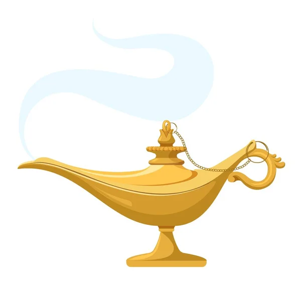 Genie lamp with smoke. Magic antique wish Aladdin lantern light. Vector — Stock Vector