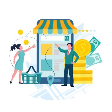İnternet üzerinden e-ticaret konsepti. Erkek ve kadın internet dükkanından mal alıyorlar. Vektör