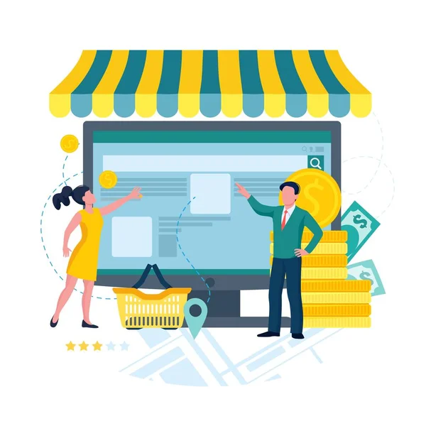 Храните бизнес онлайн-концепцию электронной коммерции. Мужчина и женщина покупают товар в интернет-магазине. Вектор — стоковый вектор