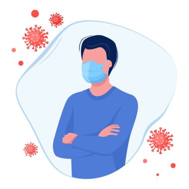 Coronavirus salgını salgını enfeksiyon savunma kavramı. Hastalıktan korunan soyut kalkan maskeli bir adam. Vektör