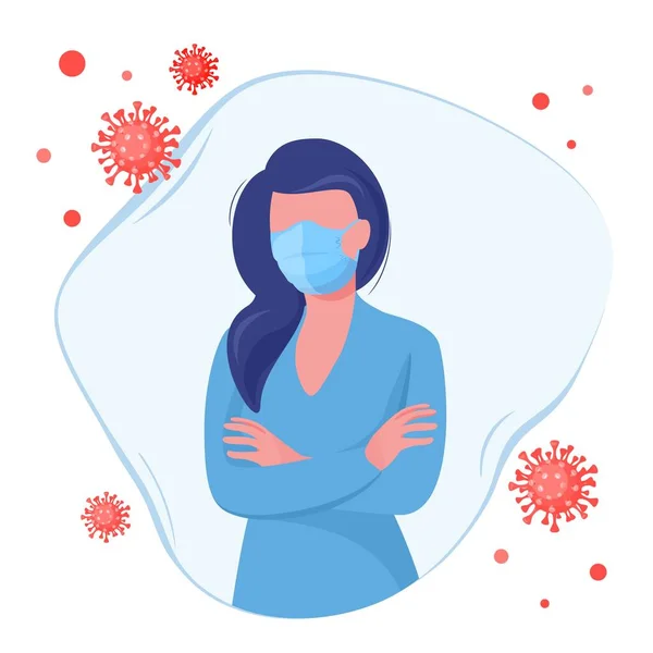 Concepto de defensa de la infección epidémica por Coronavirus. Mujer enmascarada en escudo abstracto de la enfermedad. Vector — Vector de stock