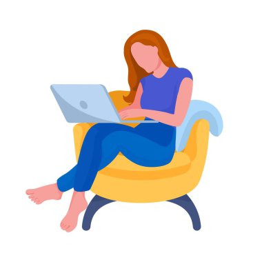 Evden çalışan biri. Dizüstü bilgisayarı olan çizgi film karakteri. Vektör