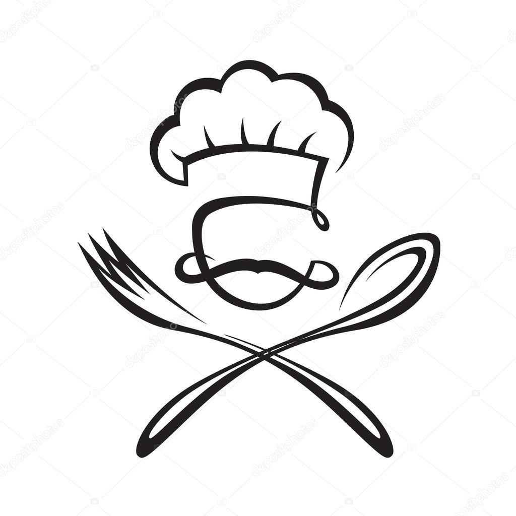 Black illustration of spoon, fork and chef