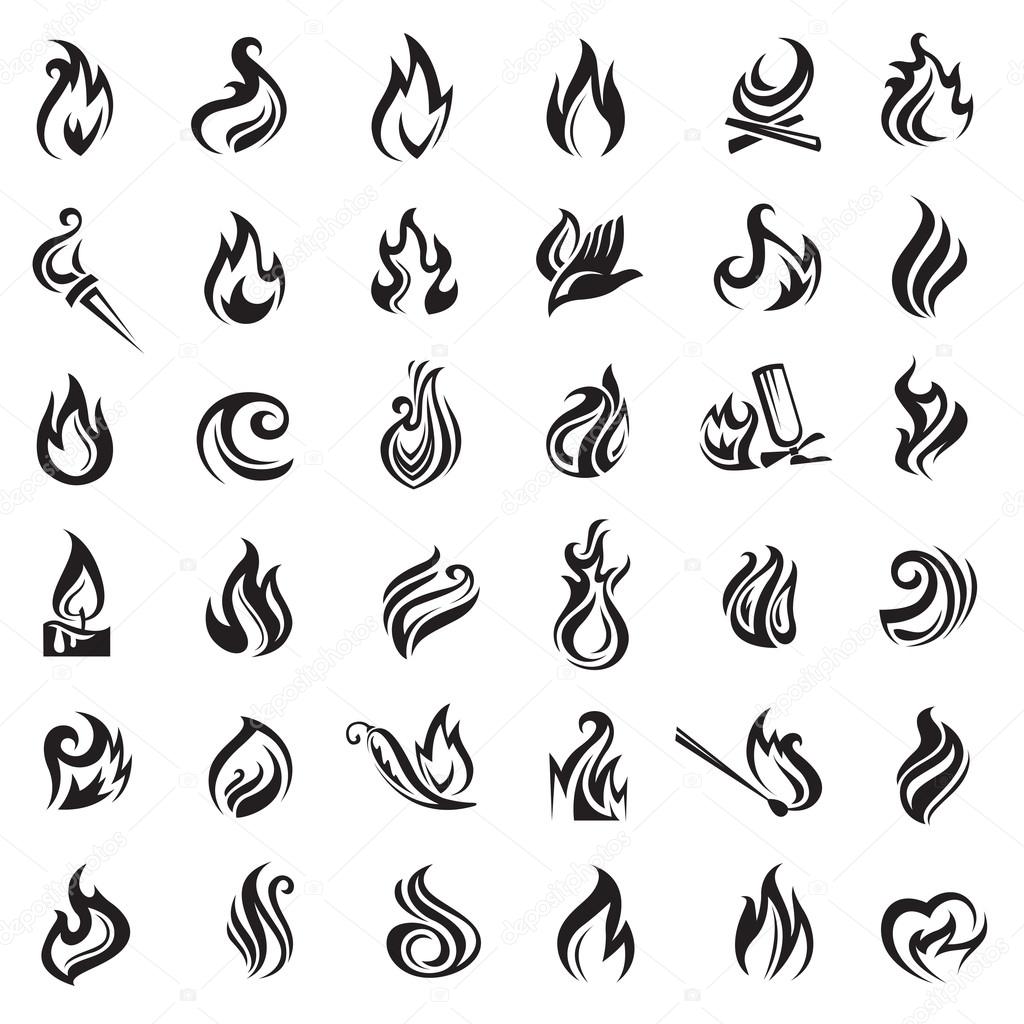 Monochrome collection of different fire and flames icons