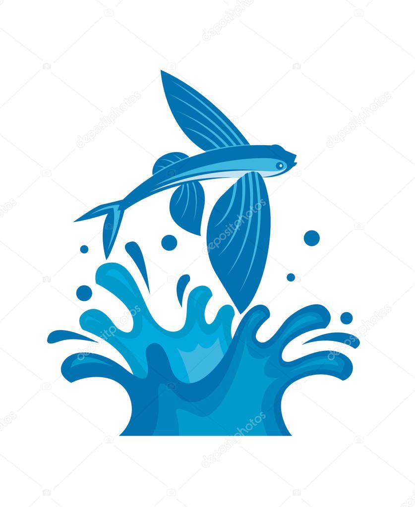 Illustration of flying fish on marine waves