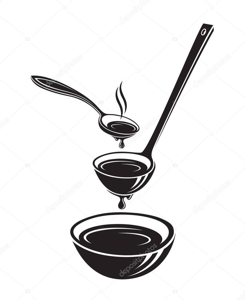 Monochrome set of illustrations with spoon, soup ladle and dish