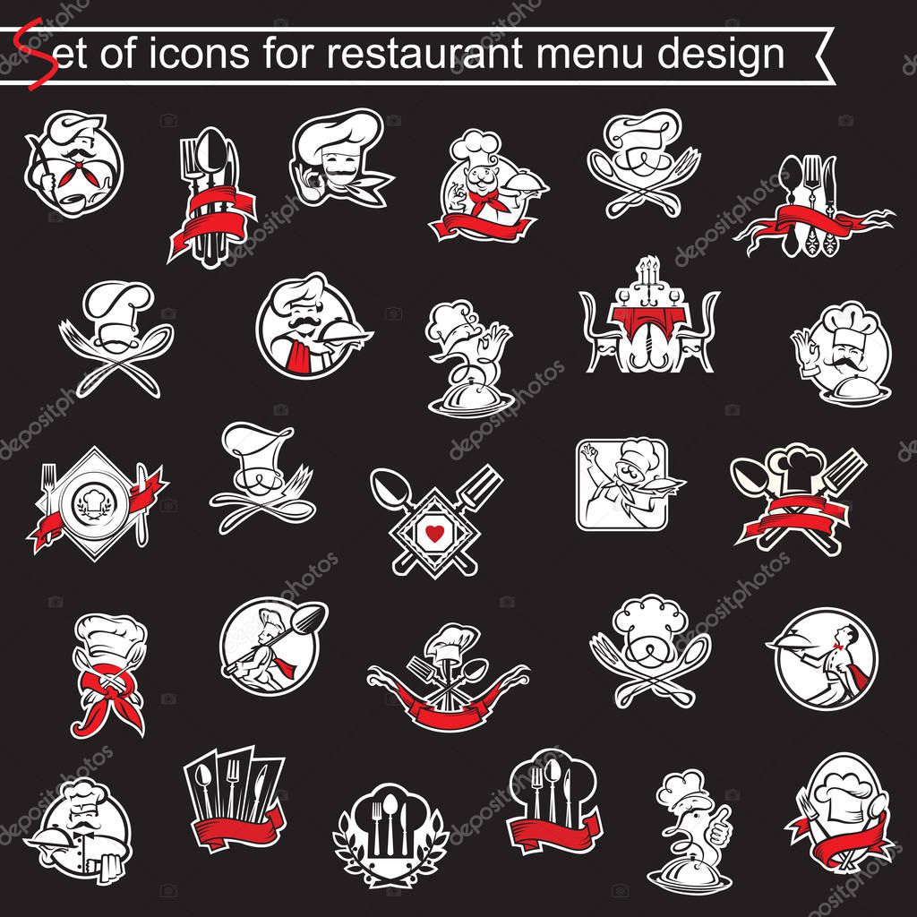 Collection of icons for restaurant menu design on black background
