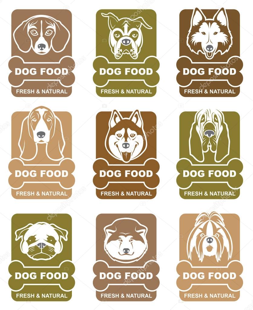 Collection of various food labels with dogs heads