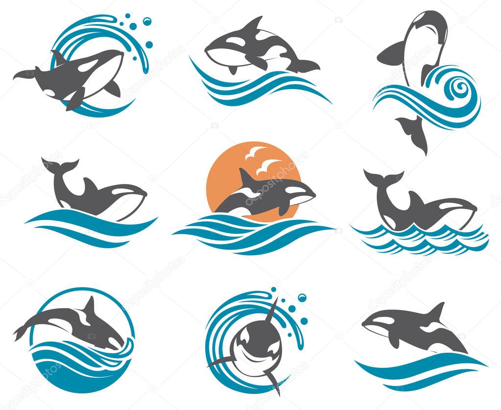 Collection with abstract symbols of whale and sea wave