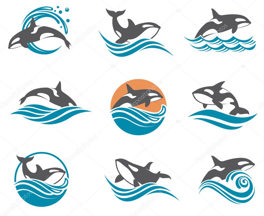 Collection with abstract symbols of whale and sea wave