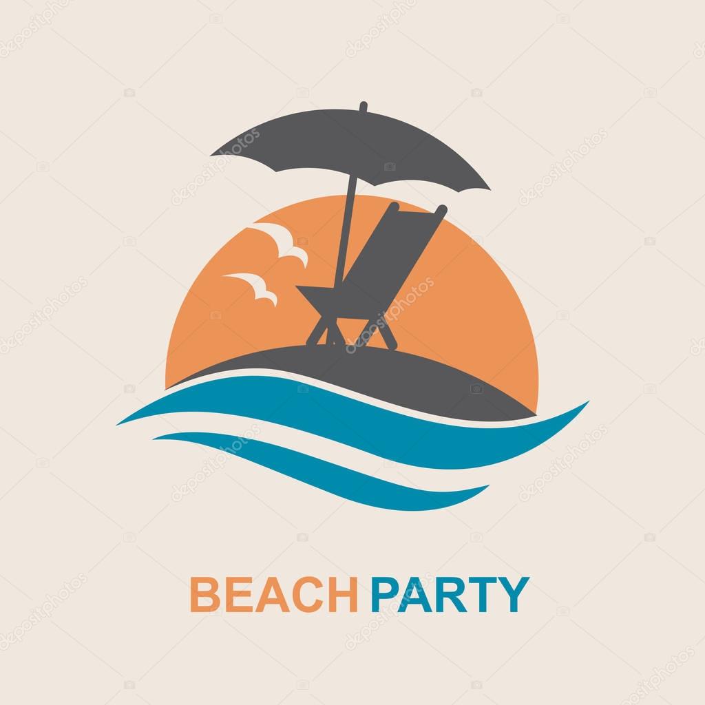 Emblem of summer vacation with reclining chair and umbrella on island