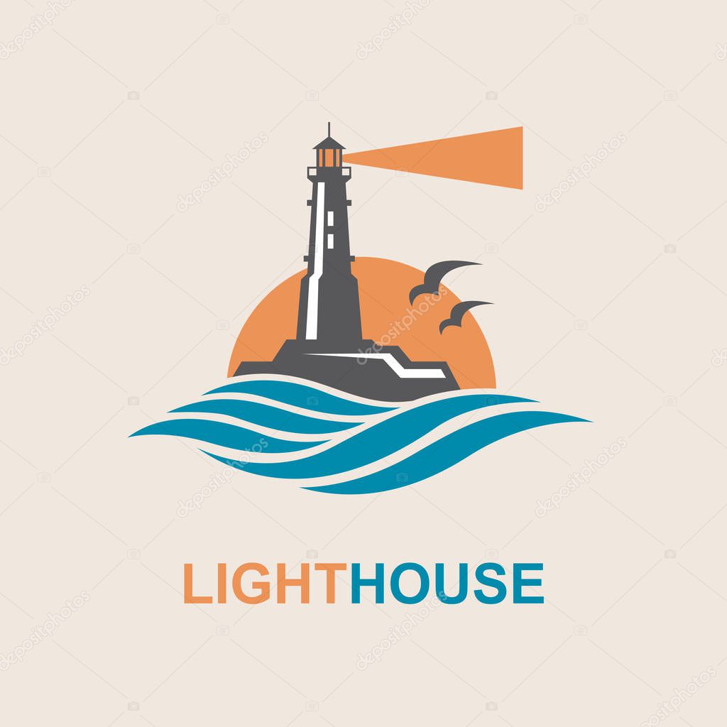 Lighthouse icon design with ocean waves and seagulls
