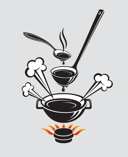 スプーン、スープの鍋と皿 — ストックベクタ