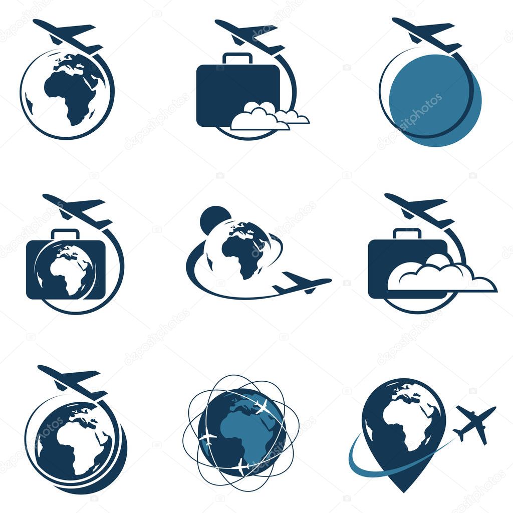 Travel logo set with suitcase and airplane
