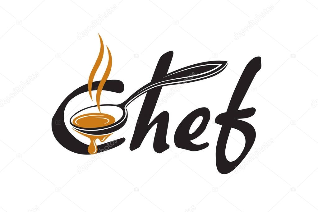Black lettering chef with soup spoon