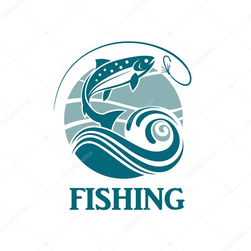 Salmon fishing emblem with waves and hook