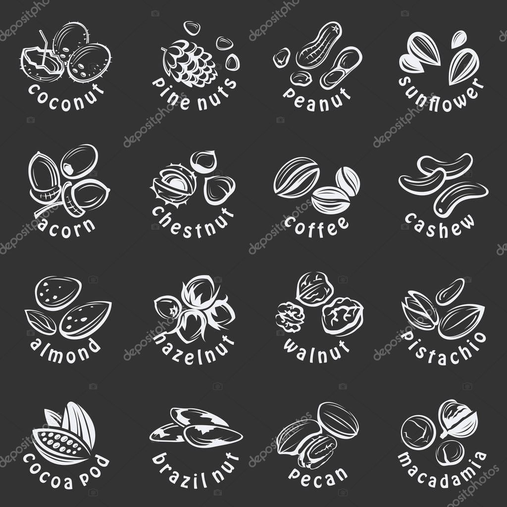 Collection of nuts icons on black background
