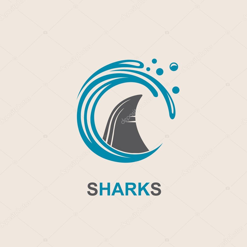 Icon of angry shark fin with sea waves