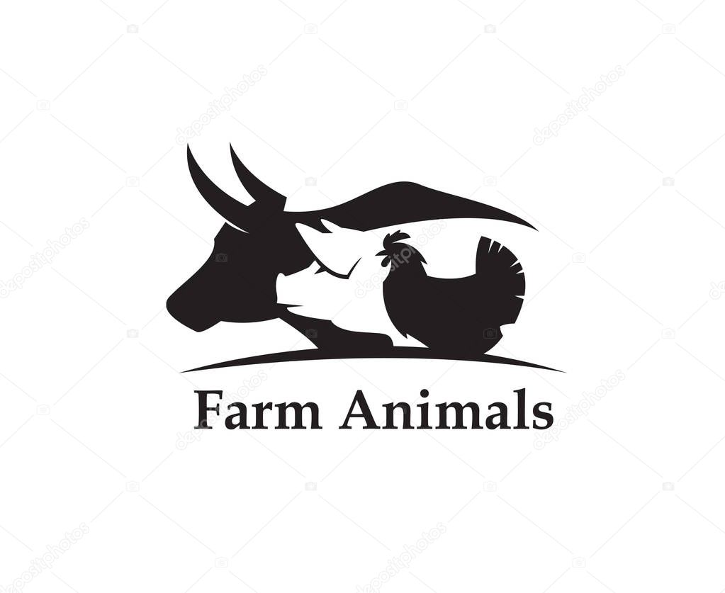 Monochrome label of farm animals cow, pig and chicken