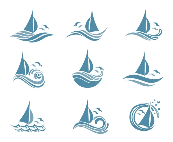 Yachts et vagues icônes — Image vectorielle