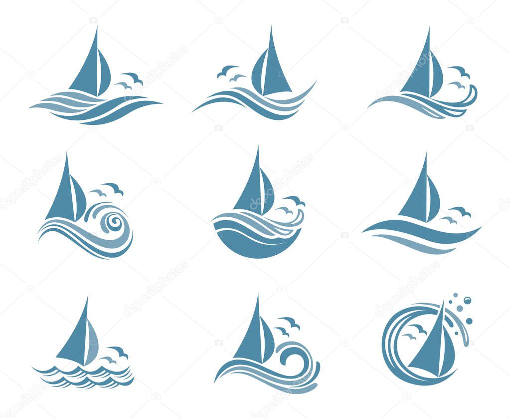 Icons collection of sailing yachts and ocean waves with seagulls