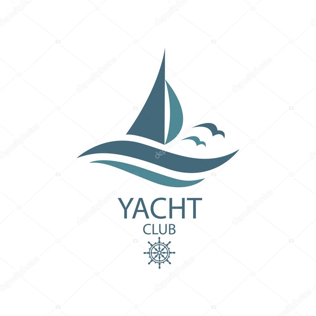 Icon of sailing yacht and ocean waves with seagulls