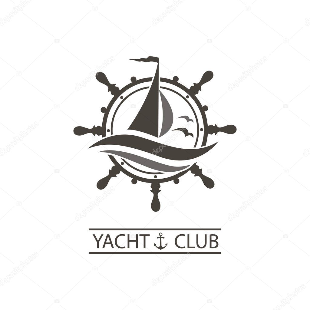 Icon of sailing yacht, helm and ocean waves with seagulls