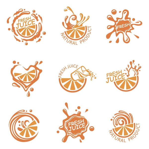Colección Coloridos Emblemas Jugo Fresco Naranja — Vector de stock