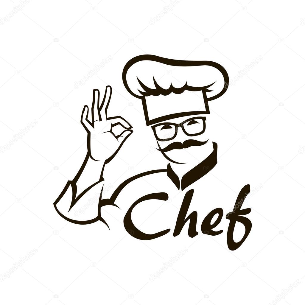 Monochrome illustration of whiskered chef